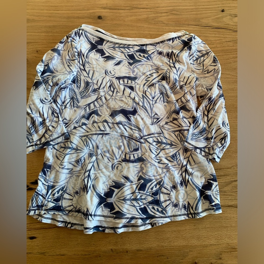 Westbound Boat Neck Women’s XL Blue White Print 3/4 Sleeve Cotton Tee Shirt pre